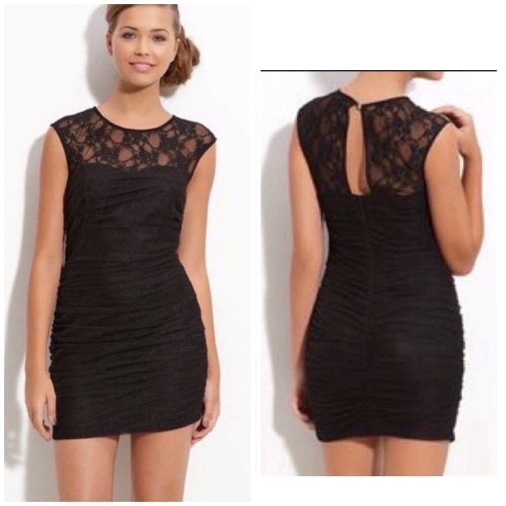 Black Lace En Creme Illusion Ruched Mini Dress Bodycon Black Size Medium